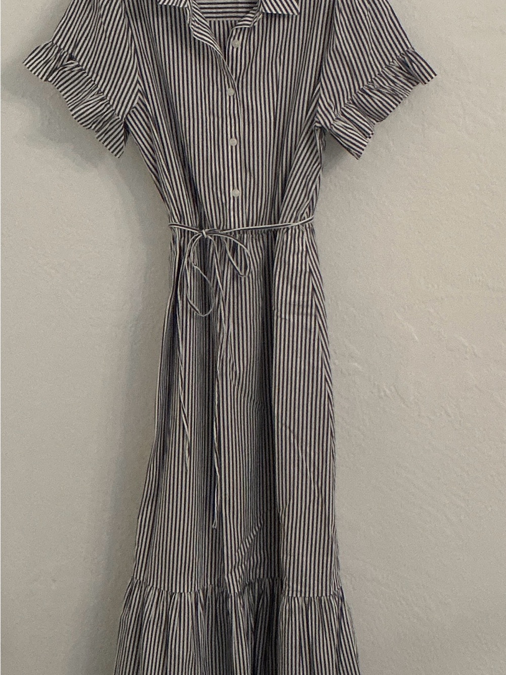 J. Crew Navy and White Striped Tie-Waist Maxi Shirt Dress
